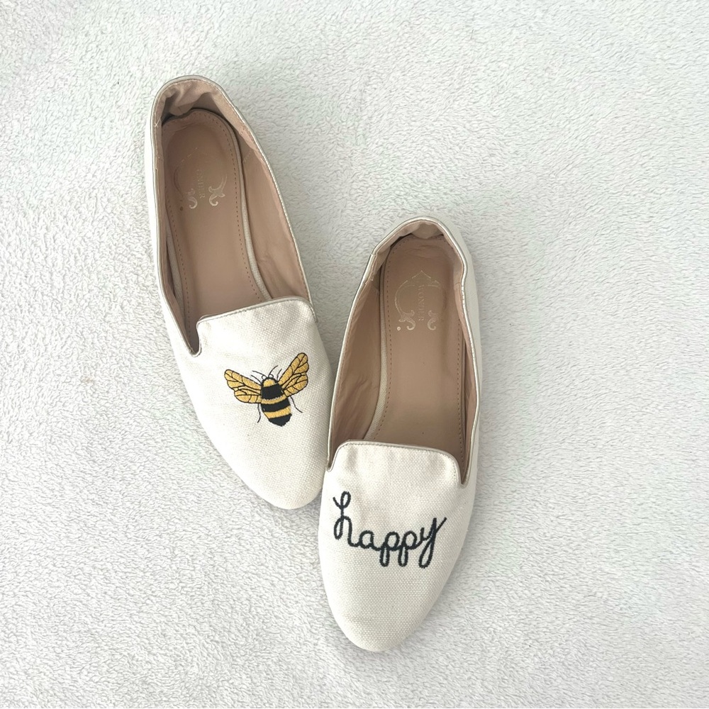 “Bee Happy” Cream Embroidered Flat Loafer 10 Women